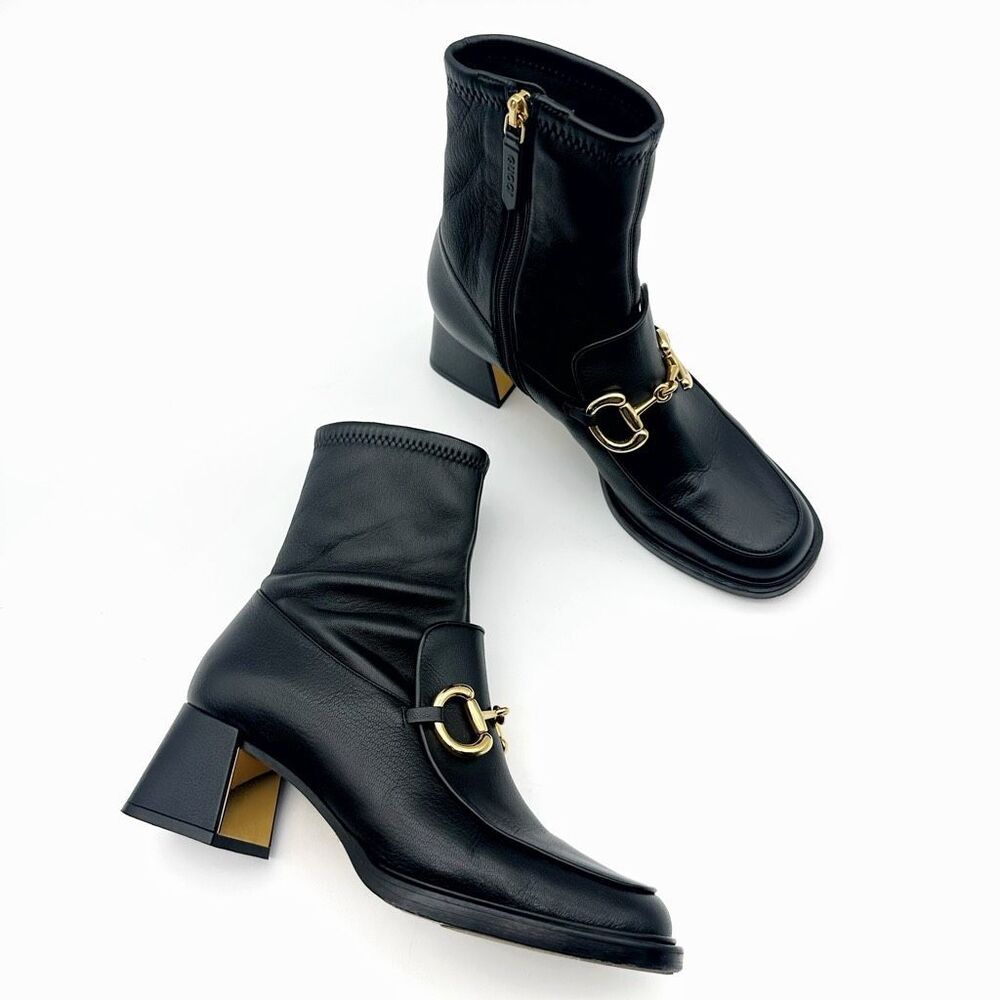 GUCCI Baby Bit Black Leather Boot Size 37 Mid Heel Bootie Square Toe Horsebit - Picture 12 of 12